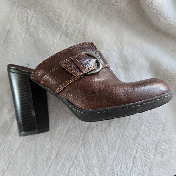 B.O.C. Born Concept Brown High Chunk Heel Leather Cushioned SlipOn Mule Shoes S7 - Picture 9 of 12
